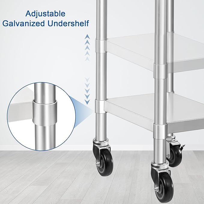 HARDURA Stainless Steel Commercial Table Prep & Work Table with Casters Heavy Duty Metal Table with Wheels NSF 430 24×24 Inches