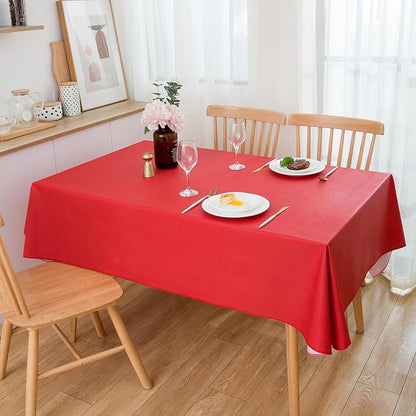 LIBERECOO Vinyl Christmas Tablecloth with Flannel Backing, Solid Red, Waterproof, Stain-Resistant, Easy-Clean Table Cover for Holiday, Dining, Kitchen, and Outdoor Use, 60" x 120" Rectangle