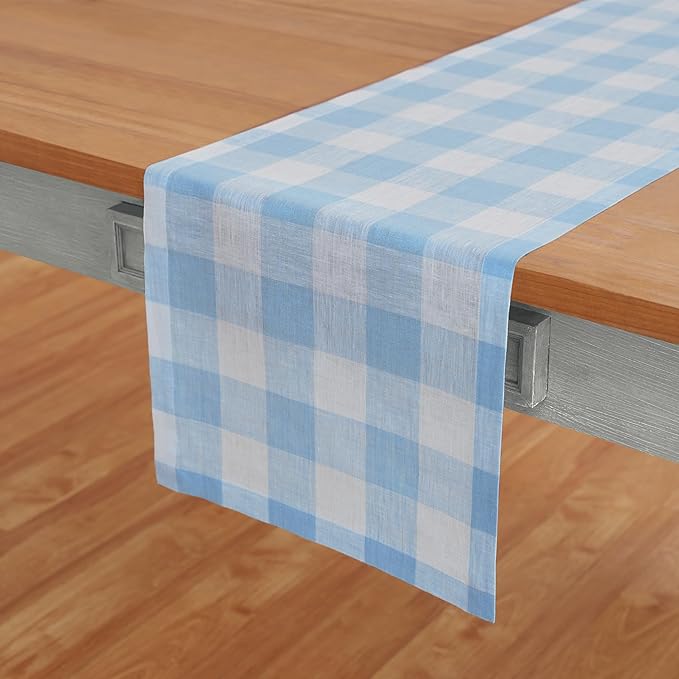 Solino Home Linen Checkered Table Runners 90 Inches Long - 100% Pure Linen Blue Bell Buffalo Check Table Runner 14 x 90 Inch Ideal for Dining, Spring, Easter, Winter