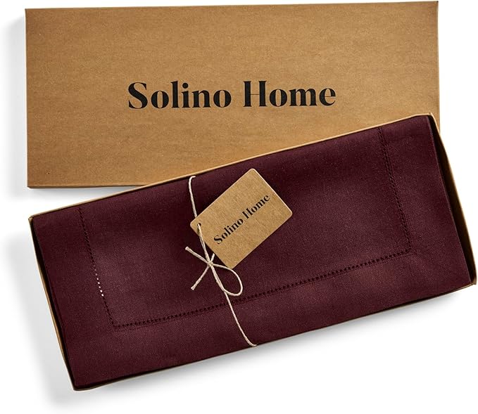 Solino Home Linen Table Runner 60 Inches - 100% Pure Linen Burgundy Hemstitch Table Runner 14 x 60 Inch Ideal for Dresser and Coffee Tables - Valentines, Winter - Classic Hemstitch
