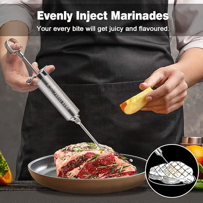 Meat Injector Syringe Kit with 3 Professional Marinade Injector Needles and Travel Case for BBQ Grill Smoker, Turkey and Brisket; 2-oz Large Capacity, Both Paper User Manual and E-Book