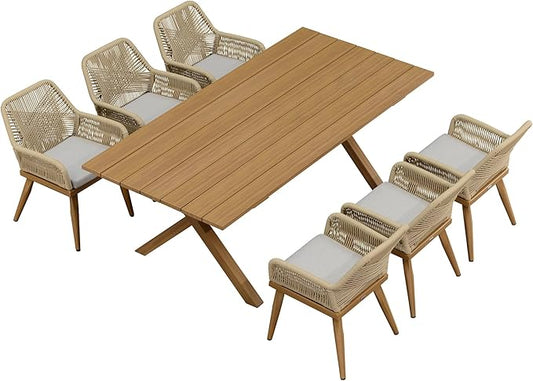 PURPLE LEAF Outdoor Dining Set All-Weather PE Rattan Outdoor Patio Furniture Set with All Aluminum Frame Rectangular Table and Chairs 7 Pieces Set for Lawn Garden Backyard Deck, Teak