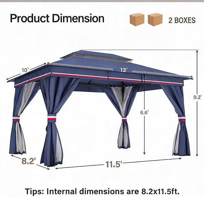 10'x13' Outdoor Gazebo, Metal Frame Heavy Duty Patio Canopy Tent Shelter - Image 2