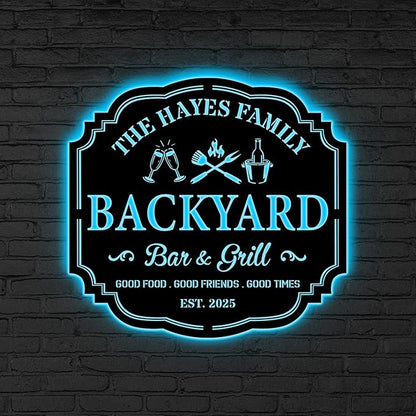 Custom Backyard Bar & Grill LED Sign – Personalized BBQ Sign, Barbecue Custom Led Bar Metal Wall Art, Grill Art Decor for Family, Patio, Home, Kitchen, Man Cave