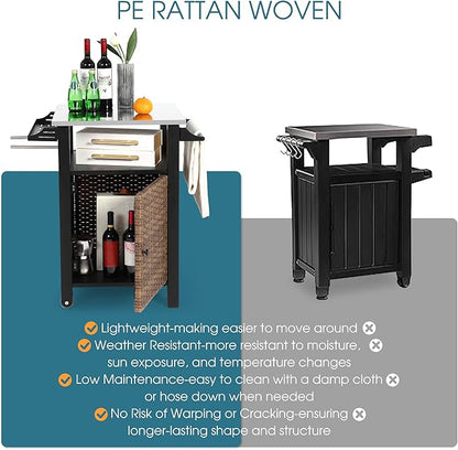 Grill Cart Outdoor with Wheels, Outdoor Prep Table with Wicker Storage and Rolling Wheels, Samll Kitchen Island Serving Cart with Stainless Steel Table Top for BBQ, Porch, Patio, Brown