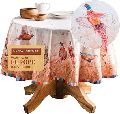 Maison d' Hermine Table Cloth Round Table 100% Cotton 63 Inches Fall Tablecloth Reusable Everyday Use for Thanksgiving Christmas Decorations Dining Farmhouse Party (Faisan D'Automne)