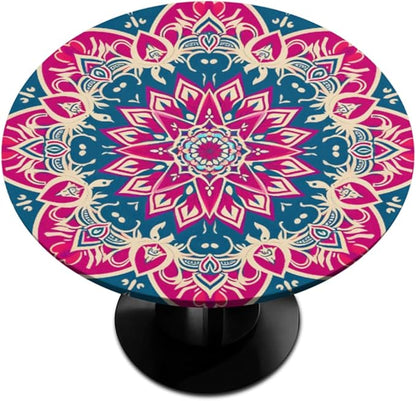 Beautiful Flower Mandala Round Table Cloth Cover, Elastic Edge Waterproof Wipeable Tablecloths 36"-42" Polyester Tablecloth for Party Restaurant Banquet Holiday Camping Outdoor Picnic