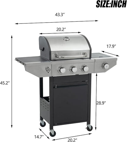 Zateety 3 Burner Propane Grill - 40,500 BTU Gas Grill with Side Burner, Stainless Steel with Iron Cast Grates for Outdoor Cooking, Patio, Camping BBQ, Garden Barbecue Grill, Black and Silver