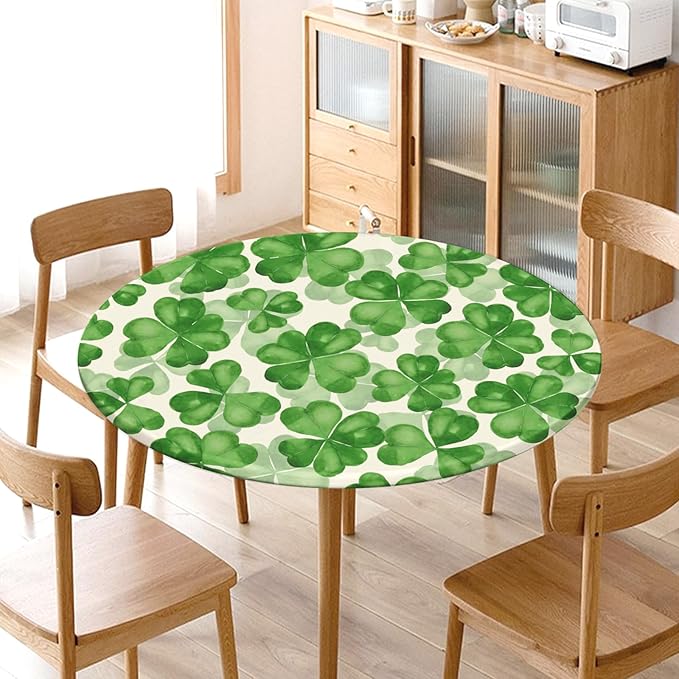St Patricks Day Round Fitted Tablecloth with Elastic Spring Green Watercolor Shamrock Circle Table Cloth for 40-44" Tables Waterproof Washable Clover Leaf Floral Table Cover for Outdoor Picnic Dining