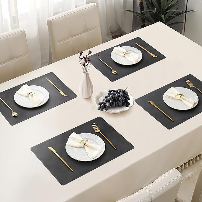 Roxifina Faux Leather Placemats Set of 8 - Vinyl Placemats Wipeable Waterproof Oil-Proof PU Place Mats Heat Resistant Reversible Table Mats for Dining, Kitchen, Outdoor, 12 x 17 Inch (Washed Black)
