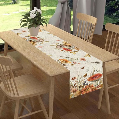 Mushroom Table Runner, Rustic Farmhouse Wildfloral Fall Autumn Leaves CountryCoffee Table Center Decor for Home Kitchen Dining Patio Holiday Party Indoor Outdoor Table Decorations, 13"x90" Inch