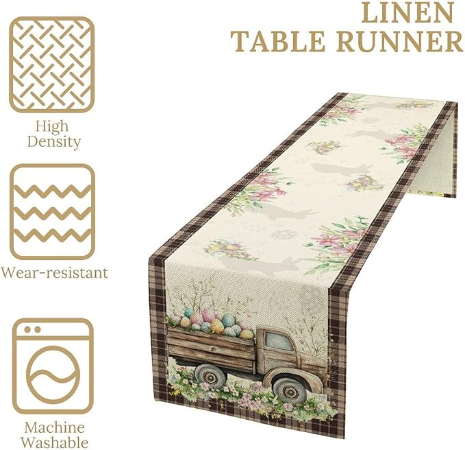 Easter Truck Table Runner,Rustic Brown Plaid Eggs Floral Bunny Spring Summer Holiday Table Center Decor for Family Kitchen and Living Room Outdoor Farmhouse Party Table Decorations, 13"x90"