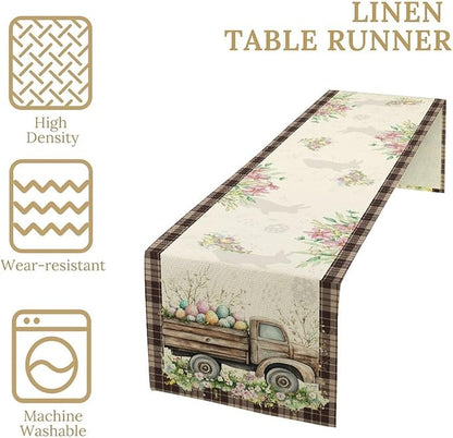 Easter Truck Table Runner,Rustic Brown Plaid Eggs Floral Bunny Spring Summer Holiday Table Center Decor for Family Kitchen and Living Room Outdoor Farmhouse Party Table Decorations, 13"x90"