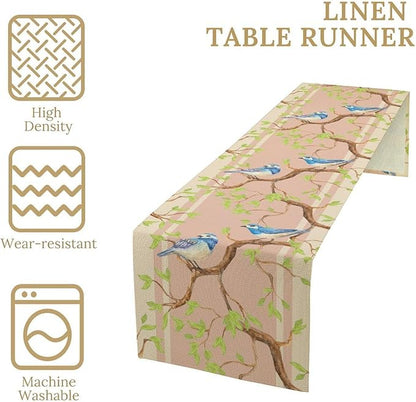 Watercolor Birds Table Runner,Spring Blue Bird Green Tree Table Runner for Kitchen Dining Table Holiday Farmhouse Home Party Decor 13x90in
