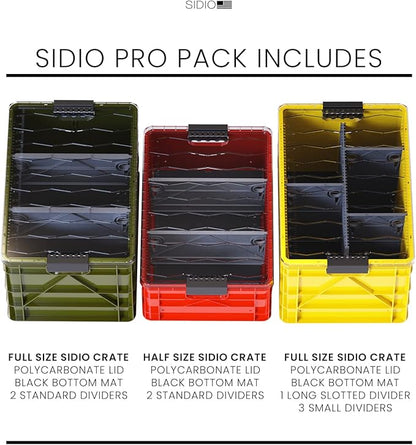 SIDIO CRATE Pro Pack - Two Full Size and One Half Size SidioCrate, Stackable Outdoor Organizer Storage Bins with Clear Lid and Dividers - UTILITY Variety Pack