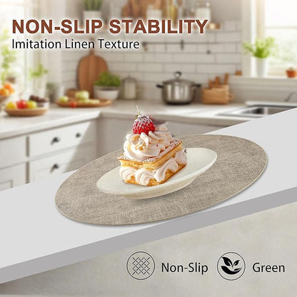 Round Faux Leather Placemats and Coasters, Set of 8, Reversible Heat Resistant Non-Slip Table Mats, Waterproof Wipeable Place Mats for Dining Table, Washable for Indoor & Outdoor (8, Light Brown)