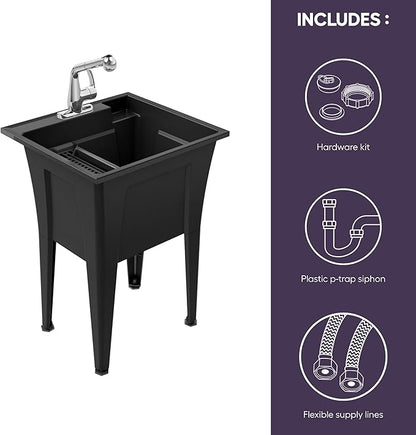 Freestanding Utility Sink with One Handle Chrome Faucet - 24" Plastic Utility Sink for Garage, Laundry, Indoor and Oudoor Use - Laundry Tub Kit by Noah William Home - Black (19.5 gal)