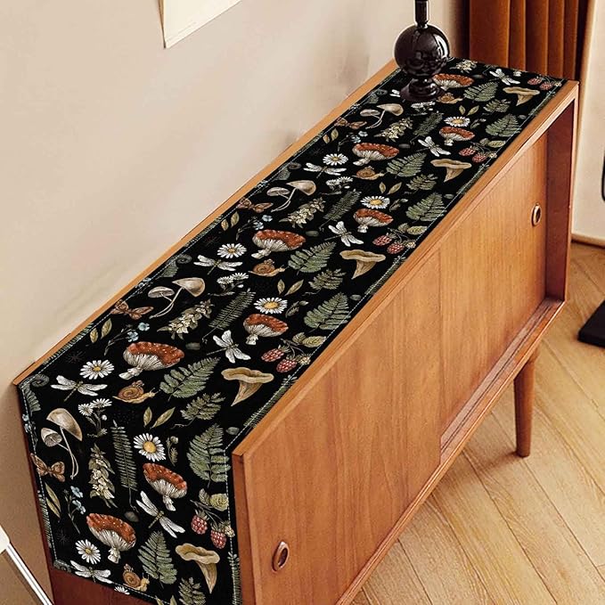 Mushroom Table Runner, Rustic Farmhouse Forest Plants Botanical Country Black Coffee Table Center Decor for Home Kitchen Dining Patio Holiday Party Indoor Outdoor Table Decorations, 13"x90" Inch