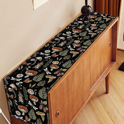 Mushroom Table Runner, Rustic Farmhouse Forest Plants Botanical Country Black Coffee Table Center Decor for Home Kitchen Dining Patio Holiday Party Indoor Outdoor Table Decorations, 13"x36" Inch