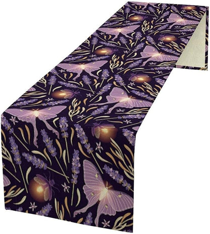 Purple Moth Table Runner,Retro Butterfly Flower Print Table Runner for Wedding Holiday Indoor Outdoor Party Home Decor 13x36in