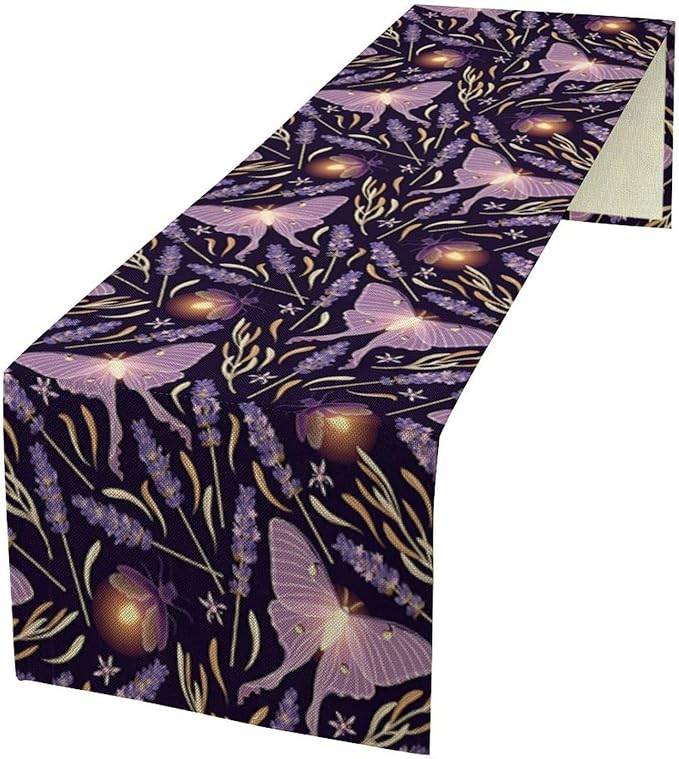Purple Moth Table Runner,Retro Butterfly Flower Print Table Runner for Wedding Holiday Indoor Outdoor Party Home Decor 13x70in