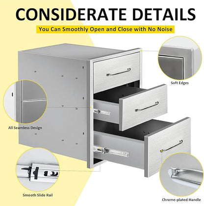 Outdoor Kitchen Drawers 16" W x 21" H x 23" D Flush Mount Triple BBQ Drawers with Chrome Handle Stainless Steel Drawer for Outdoor Kitchen Island, Patio Grill Station
