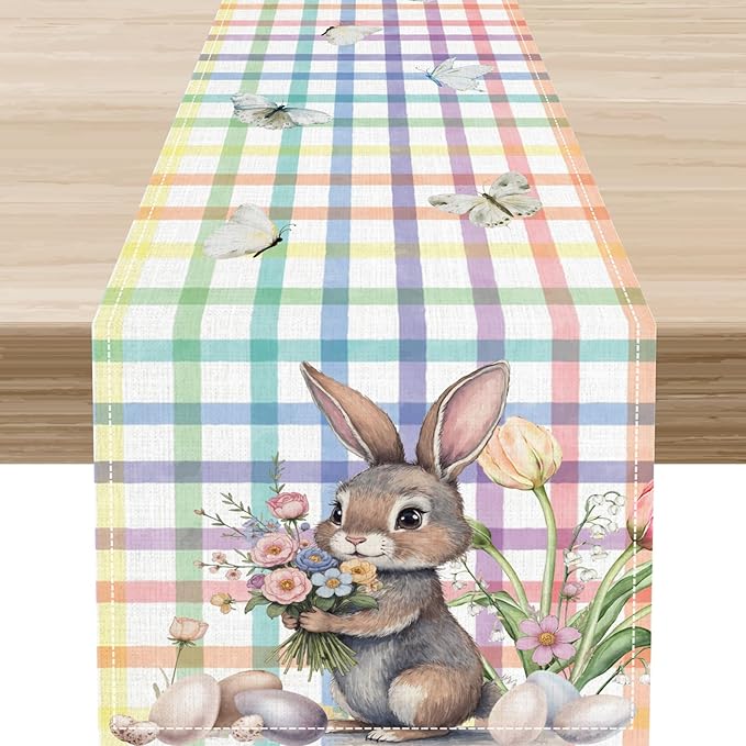Happy Easter Table Runner,Rustic Watercolor Bunny Flowers Butterflies Eggs Seasonal Table Center Decor for Family Kitchen and Living Room Outdoor Farmhouse Party Table Decorations, 13"x108"