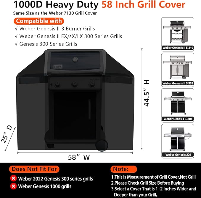 [Upgraded 1000D Heavy Duty Fabric] 58" Grill Cover for Weber Genesis II, LX 300 and Genesis 300 Series Outdoor Gas Grill, Waterproof BBQ Cover, Tear & Fade Resistant 7130 Grill Cover for Weber Grill