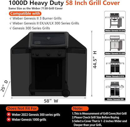 [Upgraded 1000D Heavy Duty Fabric] 58" Grill Cover for Weber Genesis II, LX 300 and Genesis 300 Series Outdoor Gas Grill, Waterproof BBQ Cover, Tear & Fade Resistant 7130 Grill Cover for Weber Grill