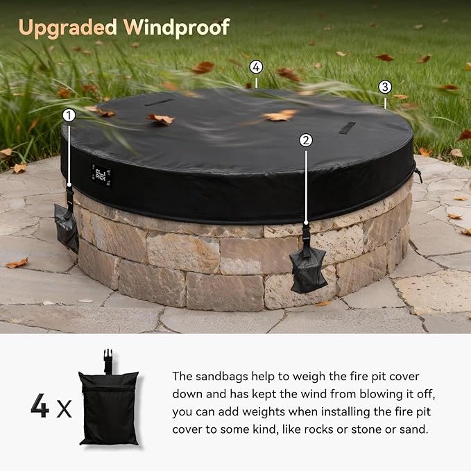 Outdoor Fire Pit Cover,In Ground Firepit Covers Round with Sandbag,600D Heavy Duty Waterproof and Tear-Resistant,Windproof,Suitable for 46-51 Inch Round Built in Stone Firepits,Black