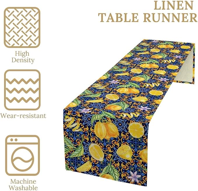 Yellow Lemon Table Runner Vintage Retro Summer Fruit Blue White Floral Printed Dining Table Decoration for Home Holiday Party Dresser Kitchen Cabin Restaurant Wedding Decor 13×108in