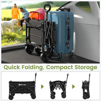 220LBS Foldable Wagon with All-Terrain Wheels, Portable Wagon Cart with Extended Tailgate, Adjustable Handle, Utility Cart for Camping, Shopping, Garden, Sports, Grocery, Black
