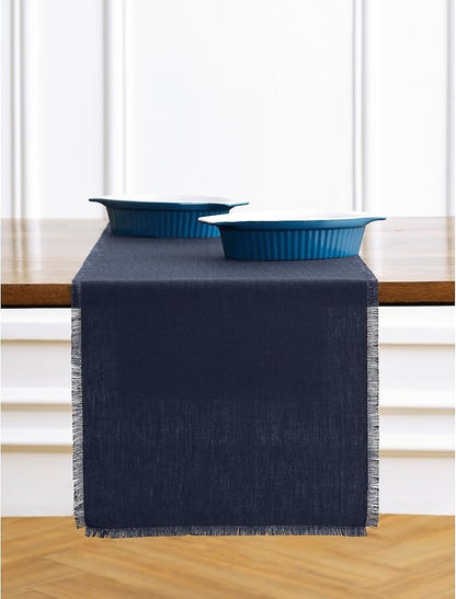 Solino Home Linen Navy Blue Table Runner 90 Inches Long - Fringe, 100% Pure Linen 14 x 90 Inch Table Runner for Winter