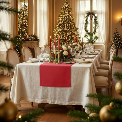 D'Moksha Homes Linen Bright Red Table Runner 84 Inches Long - 100% Pure Linen 14 x 84 Inch Table Runner for Dining, Valentines, Holiday - Machine Washable