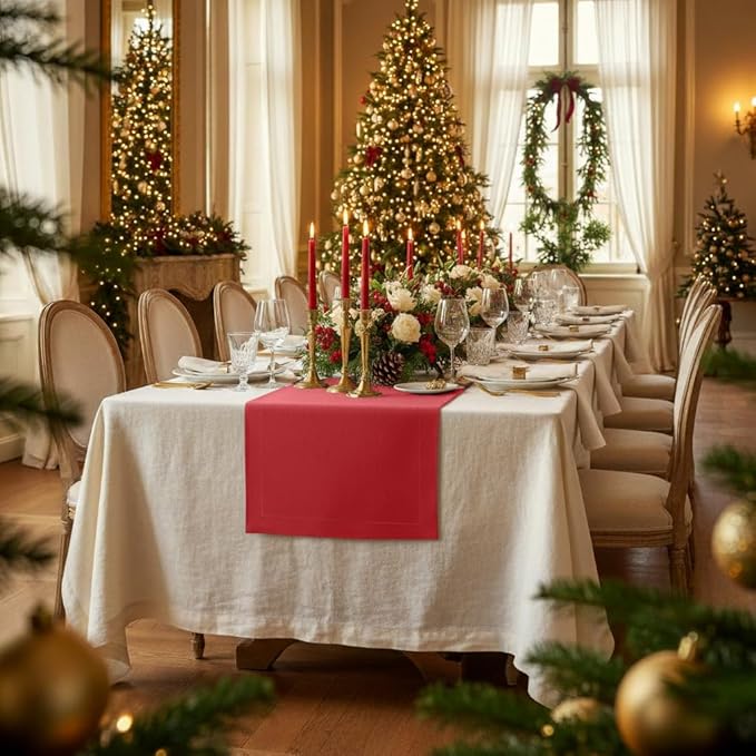 D'Moksha Homes Linen Table Runner 48 Inches - 100% Pure Linen Bright Red Table Runner 14 x 48 Inch for Coffee Tables, Dresser, Valentines, Holiday - Machine Washable