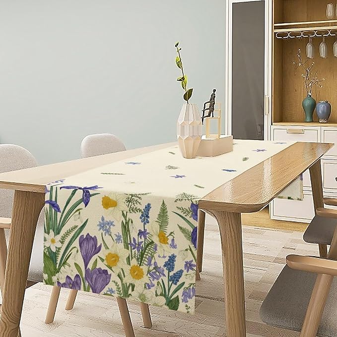 Wildflowers Table Runner,Spring Purple Floral Summer Seasons Daisy Flower Print Kitchen Dining Table Decoration for Home Farmhouse Party 13x70in