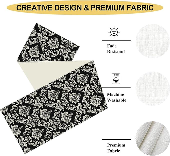 Black Damask Table Runner, Rustic Gothic Baroque Style Floral Boho Flower Antique Coffee Vintage Retro Table Center Decor for Kitchen and Dining Outdoor Home Country Party Table Decorations, 13"x72"