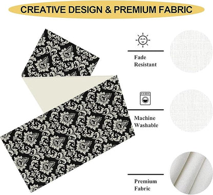 Black Damask Table Runner, Rustic Gothic Baroque Style Floral Boho Flower Antique Coffee Vintage Retro Table Center Decor for Kitchen and Dining Outdoor Home Country Party Table Decorations, 13"x108"