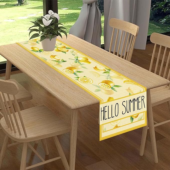 Summer Lemon Table Runner, Farmhouse Seasonal Spring Yellow Fresh Fruits Country Coffee Cafe Table Center Decor for Home Kitchen Dining Party Patio Indoor Outdoor Table Decorations, 13"x90" Inch