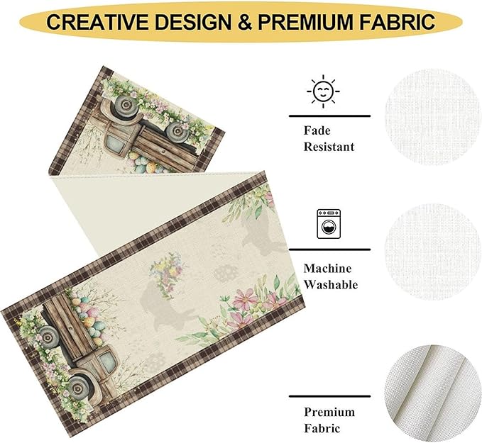 Easter Truck Table Runner,Rustic Brown Plaid Eggs Floral Bunny Spring Summer Holiday Table Center Decor for Family Kitchen and Living Room Outdoor Farmhouse Party Table Decorations, 13"x108"