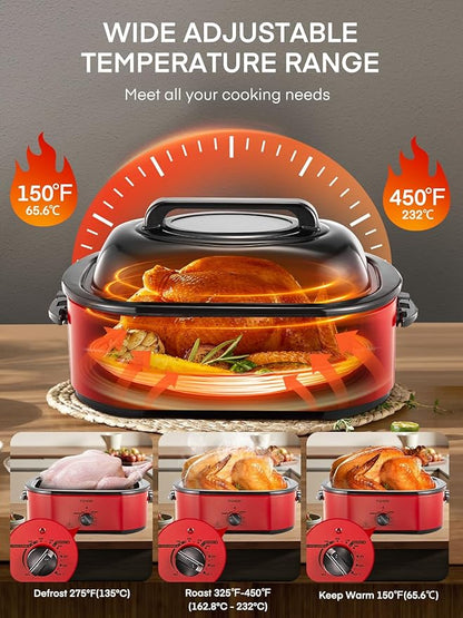 FOHERE 26QT Electric Roaster Oven with Visible & Self-Basting Lid, Large Turkey Roaster with Defrost & Warm Function, Adjustable Temperature Control, Removable Stainless Steel Pan & Rack, Red