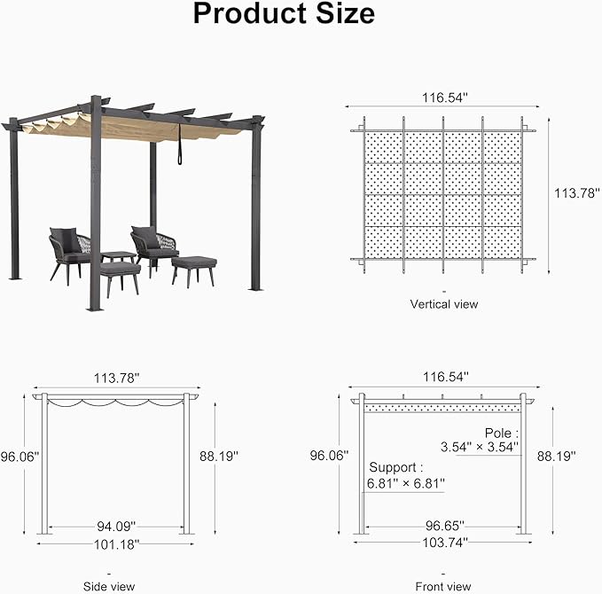 PURPLE LEAF Outdoor Pergola 10' X 10' Retractable Canopy Aluminum, Custom Shade - Image 6