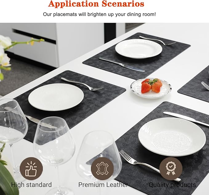 Vinyl Placemats Set of 6 Heat Resistant Easy Clean Non-Slip Place Mats for Dining Table. Faux Leather Waterproof Stain Resistant Wipeable Washable PVC Table Mats(6, Black)