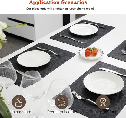 Vinyl Placemats Set of 6 Heat Resistant Easy Clean Non-Slip Place Mats for Dining Table. Faux Leather Waterproof Stain Resistant Wipeable Washable PVC Table Mats(6, Black)
