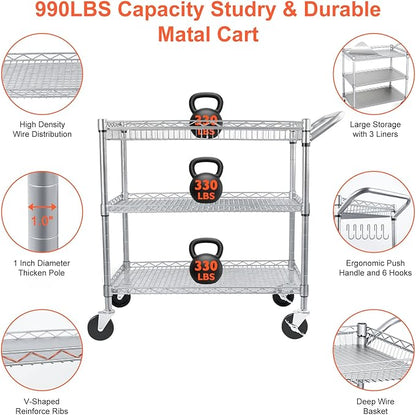 Heavy Duty Utility Cart, 990Lbs Capacity 3 Tier Rolling Carts with Wheels, Kitchen Cart on Wheels with Storage, Commercial Grade Metal Serving Carts with Wire Shelving &Handle Bar, Silver
