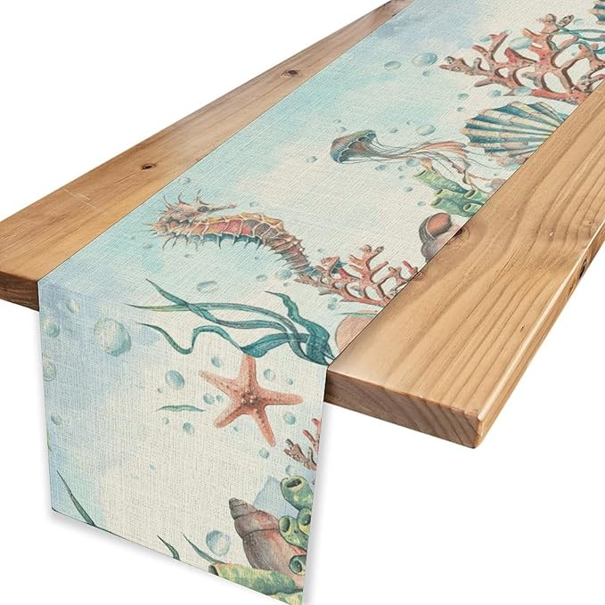 Summer Beach Table Runner, Blue Sea Coastal Nautical Turtle Jellyfish Seashell Ocean Table Runner Seasonal Holiday Home Kitchen Dining Table for Home Party Decor 13"x72"