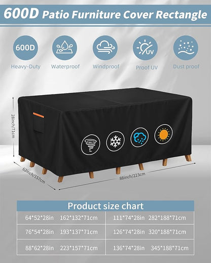 Outdoor Waterproof Furniture Cover, 88W x 62L x 28H inches Heavy Duty 600D Rectangular Table and Chair Set Protection, Black