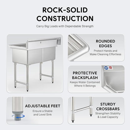 WILPREP 2-Compartment Sink, 18x18x12 in. Kitchen Sink with Strainers X-Shaped Guides Backsplash, Freestanding Double Bowl Utility Sink, Work Station Sink for Garage Kitchen Laundry Room with 2 Basins
