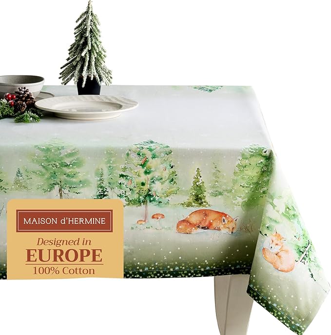 Maison d' Hermine Table Cloth Rectangle Table 100% Cotton 60 x 120 Inches Fall Tablecloth Reusable Everyday Use for Thanksgiving Christmas Decorations Dining Farmhouse Party (Winter Mornings)