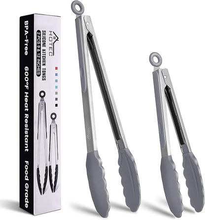 HOTEC Premium Stainless Steel Locking Kitchen Tongs with Silicon Tips, Set of 2-9" and 12" Light Grey